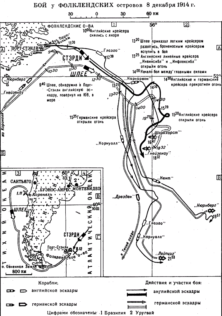 карта Фолклендского боя 1914